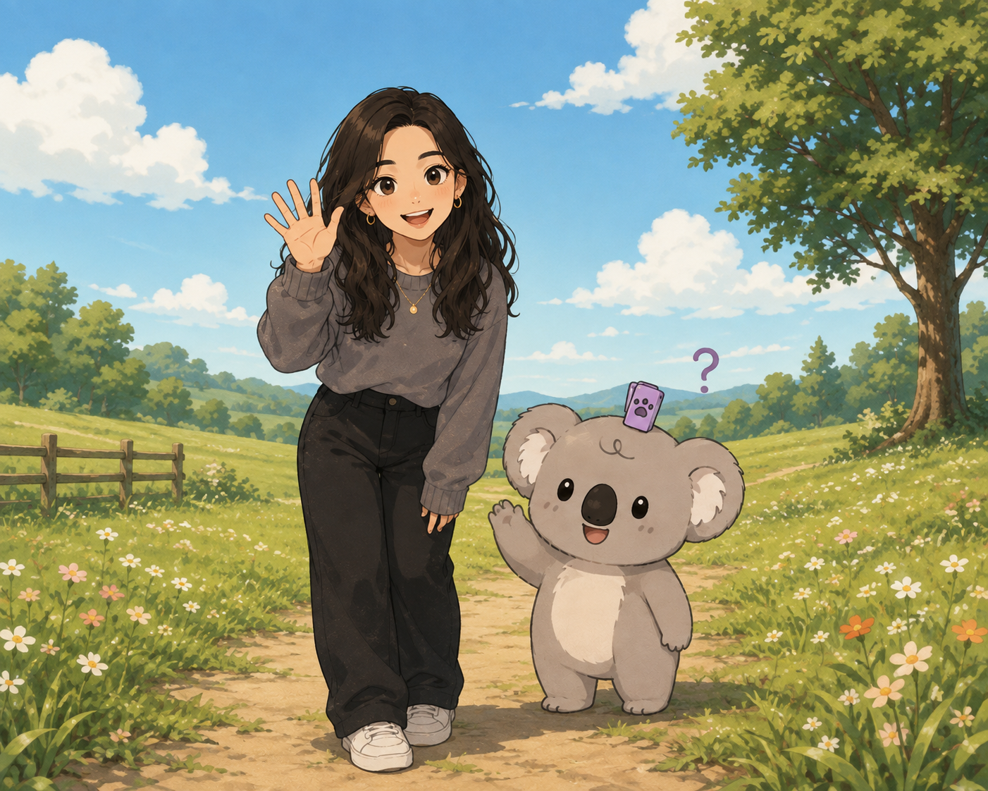 La chica y el koala conversando