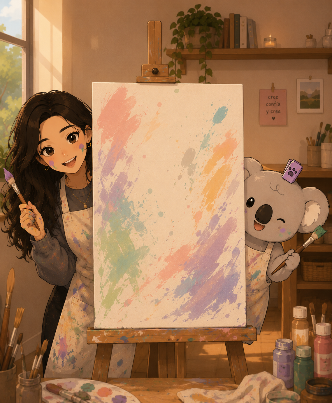 Trabajando en el estudio junto al koala